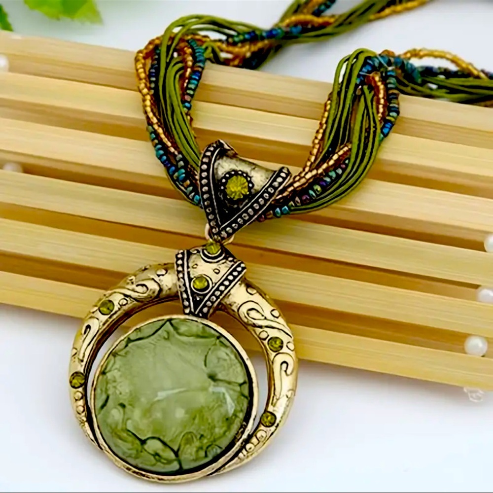 FP “ Mossy Jade “ Bohemian rice bead Crescent Moon necklace Ethnic Gemstone